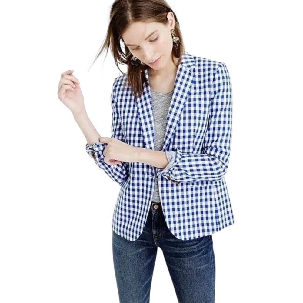 J.Crew‎ Campbell Linen Blazer Size 4 Gingham Blue Casual Office Career Preppy